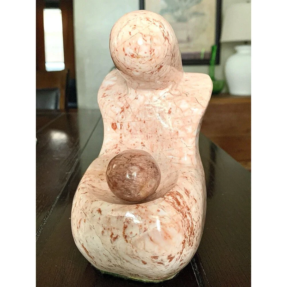 VINTAGE PINK MARBLE SCULPTURE- Abstract Mother & Child, Mid Century Modern 7